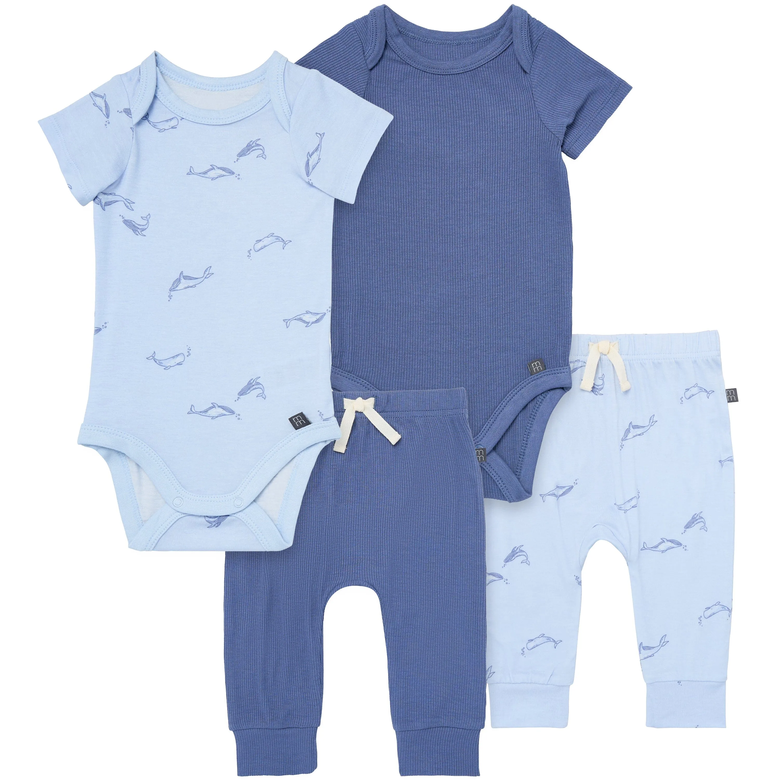 4-Piece Baby Boys Light Blue Whale Bodysuits and Pants Set