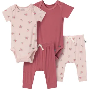 4-Piece Baby Girls Pink Roses Bodysuits and Pants Set