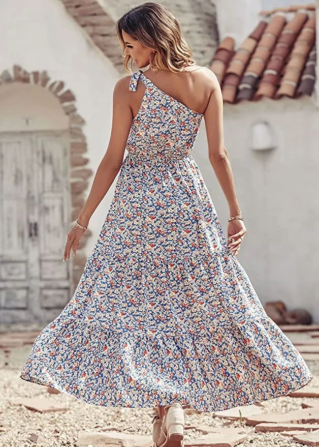 Blue White Women's Summer Floral Maxi Dresses - Prettygarden