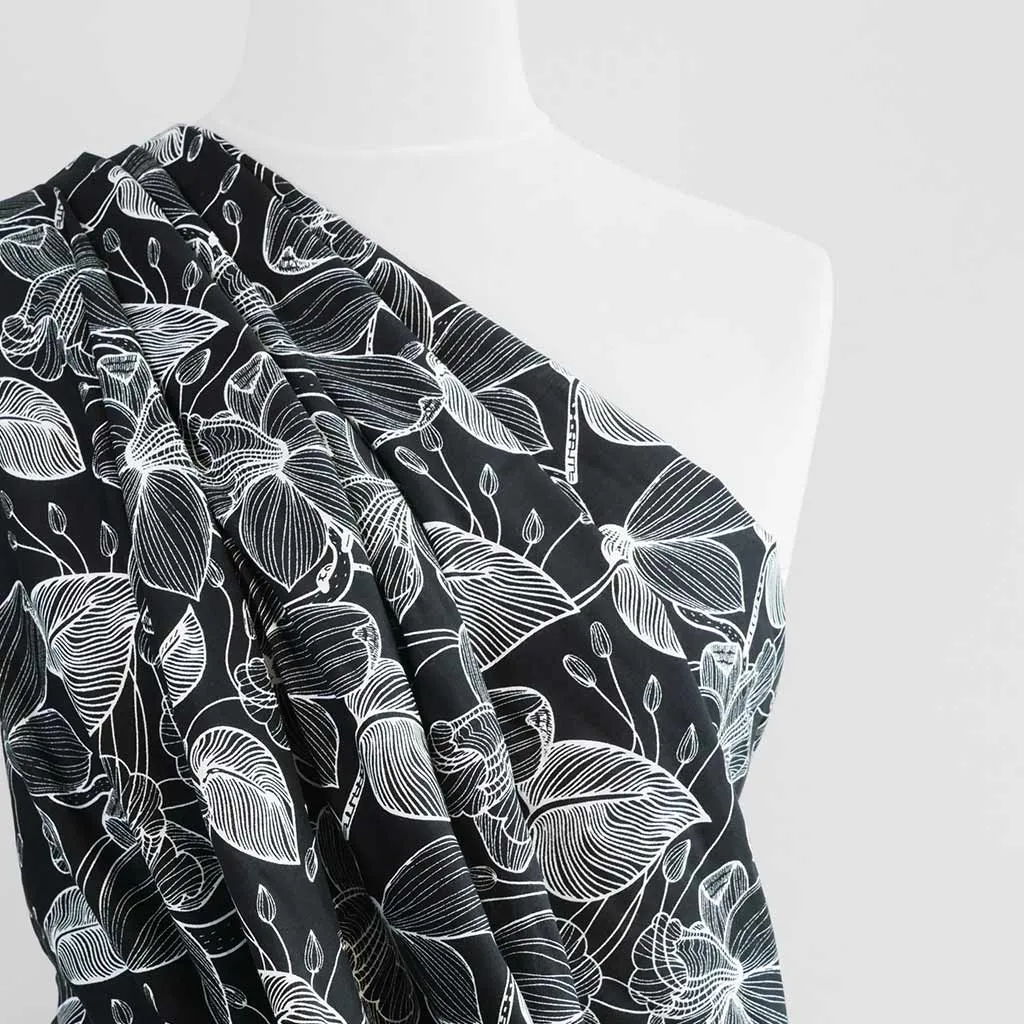 Capri - Black Etched Leaves Viscose Woven Fabric