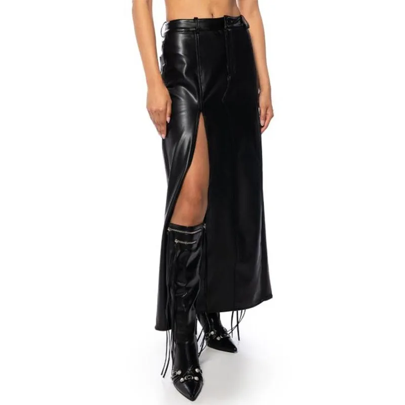 Chic Split Faux Leather Midi Skirt