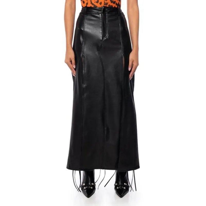 Chic Split Faux Leather Midi Skirt