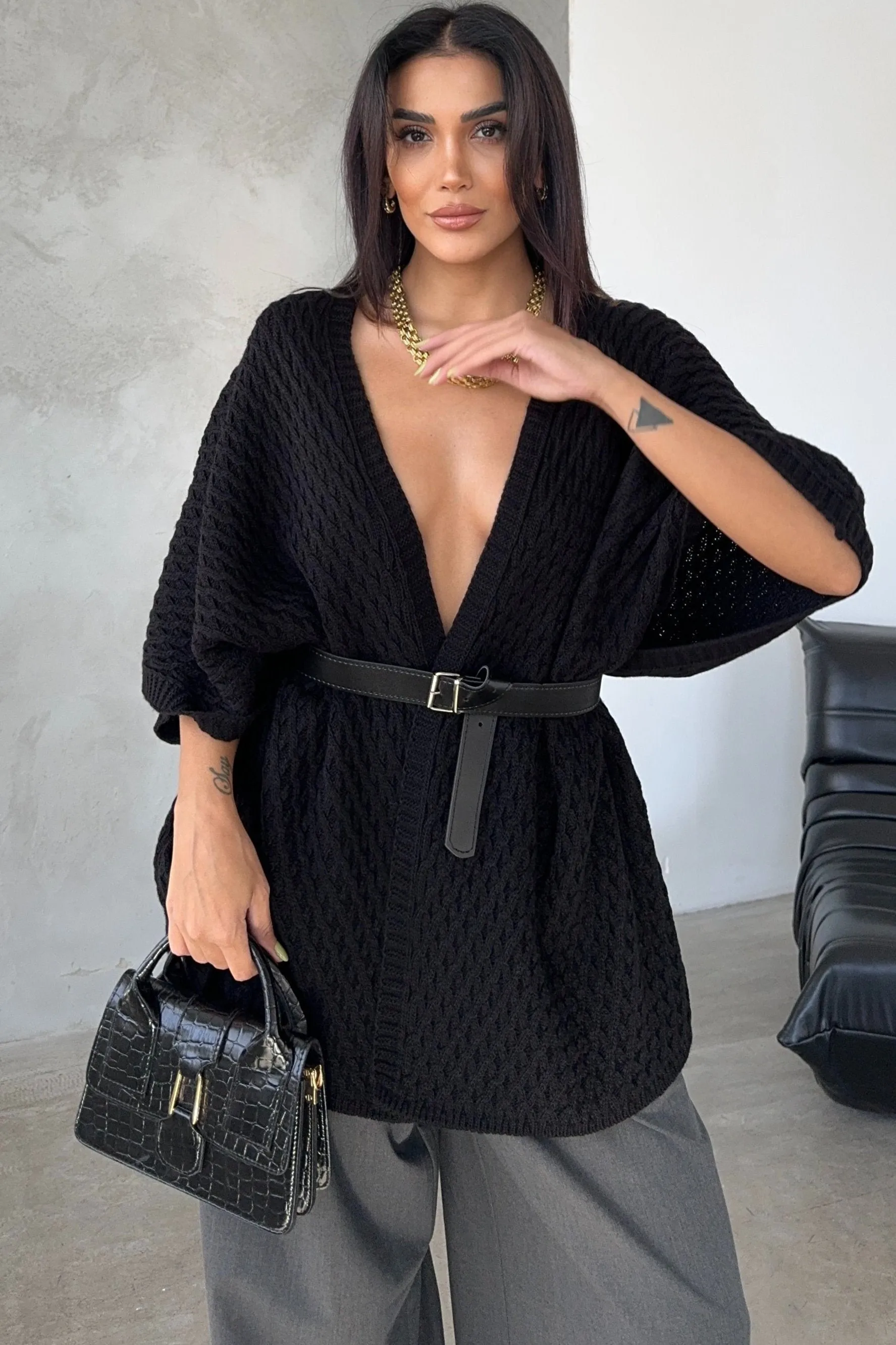 Classic Black Cardigan with Wrap Style