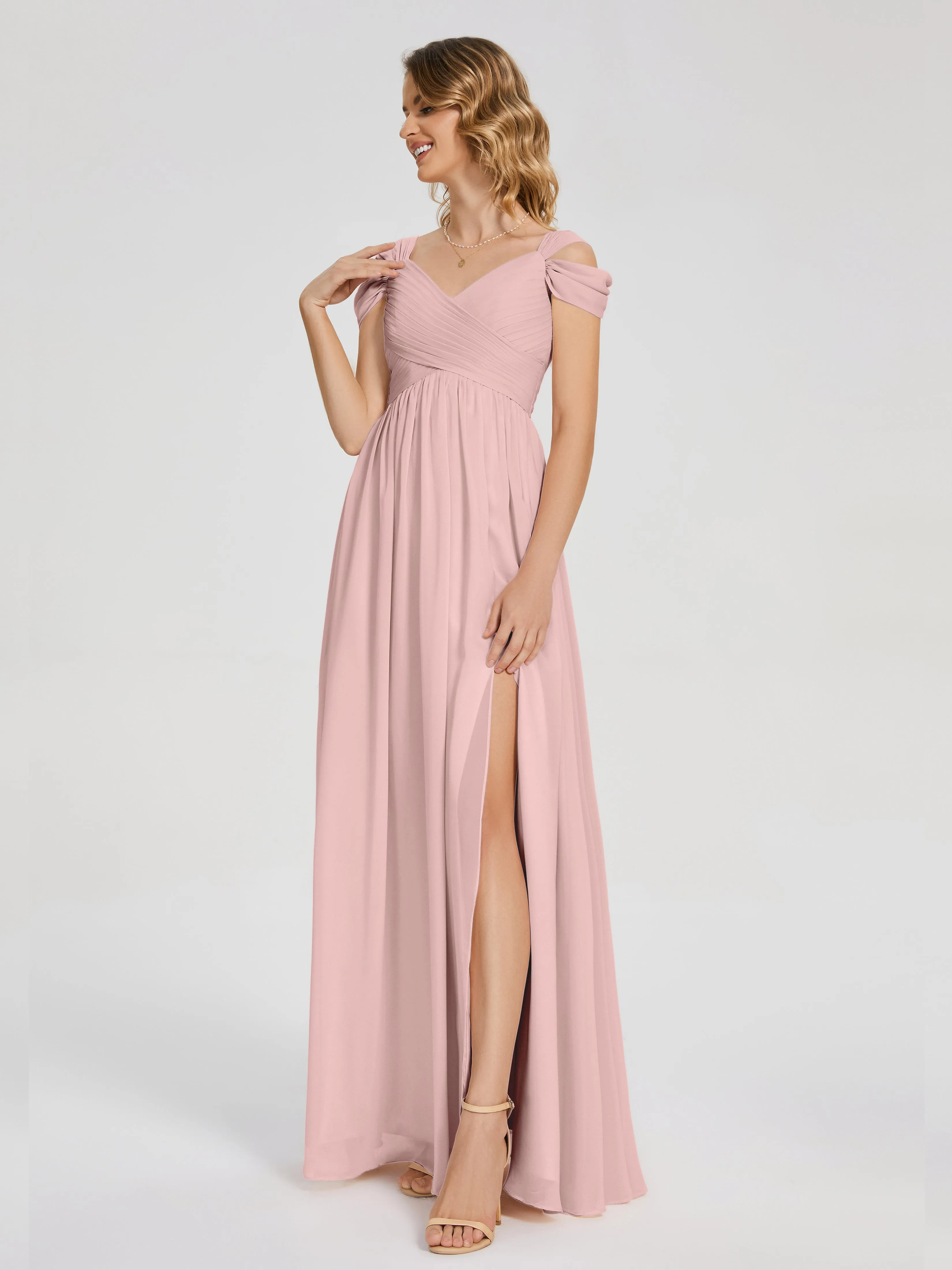 Dusty Rose Colour Bridesmaid Dresses Charlee Flowy Split Chiffon Bridesmaid Dresses