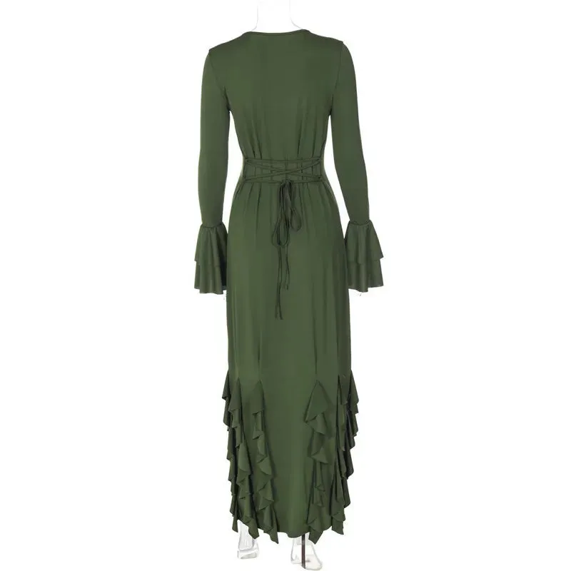 Elegant Flowy Ruffled Evening Dress with Bell Cuffs