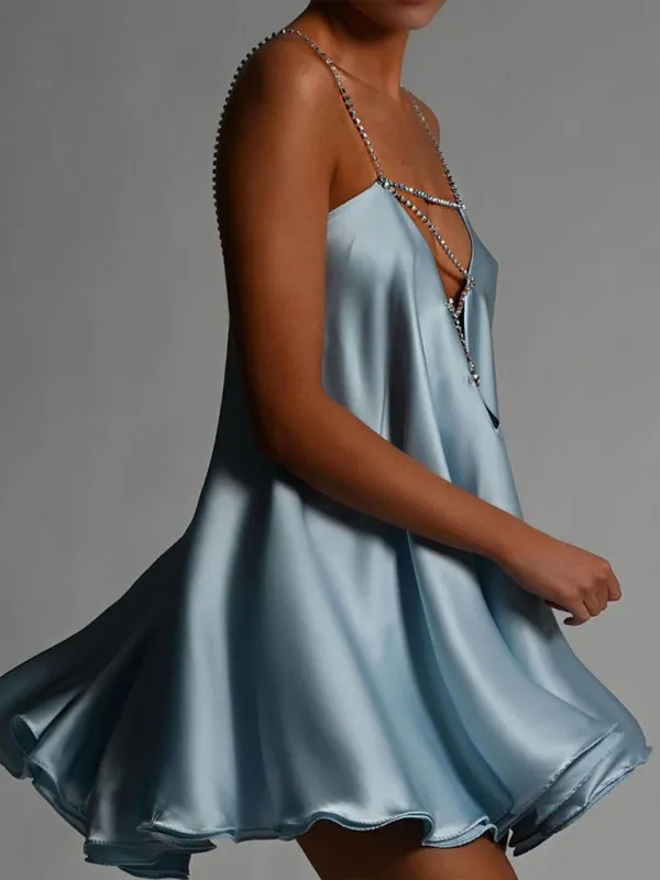 Elegant Satin Diamonds Flowy Backless Plunge Slip Mini dress