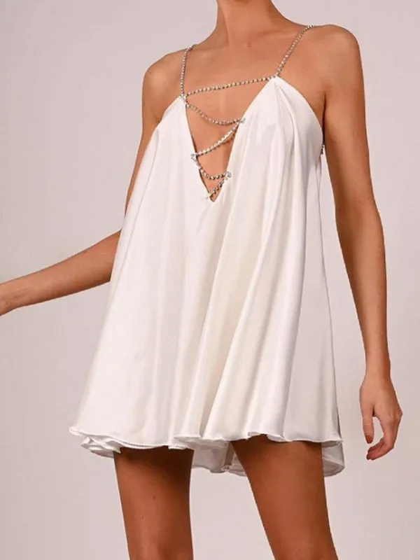 Elegant Satin Diamonds Flowy Backless Plunge Slip Mini dress