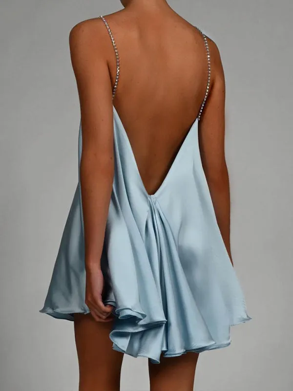 Elegant Satin Diamonds Flowy Backless Plunge Slip Mini dress