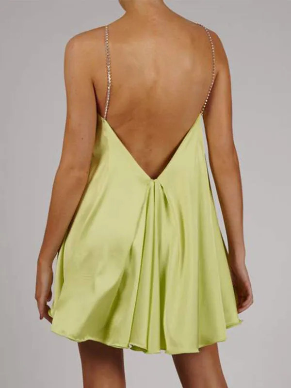 Elegant Satin Diamonds Flowy Backless Plunge Slip Mini dress