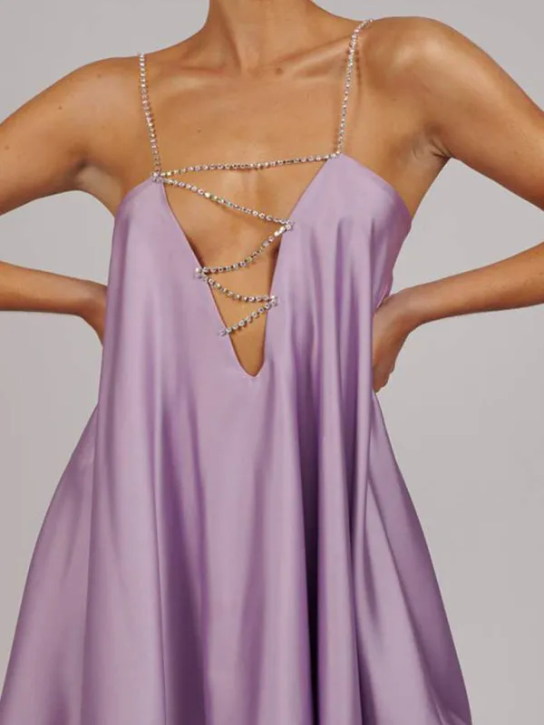 Elegant Satin Diamonds Flowy Backless Plunge Slip Mini dress