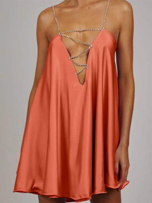 Elegant Satin Diamonds Flowy Backless Plunge Slip Mini dress