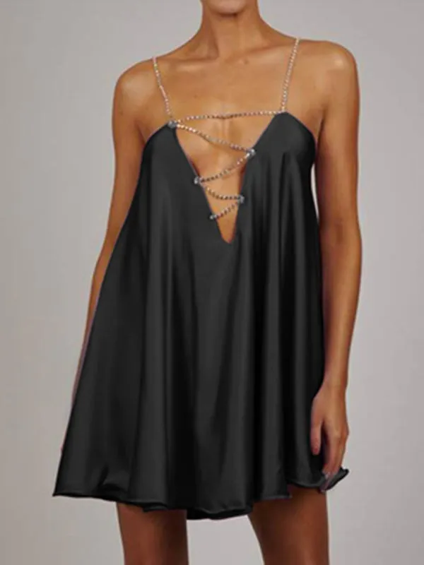 Elegant Satin Diamonds Flowy Backless Plunge Slip Mini dress