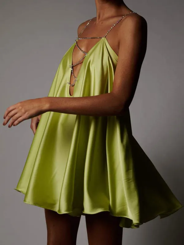 Elegant Satin Diamonds Flowy Backless Plunge Slip Mini dress