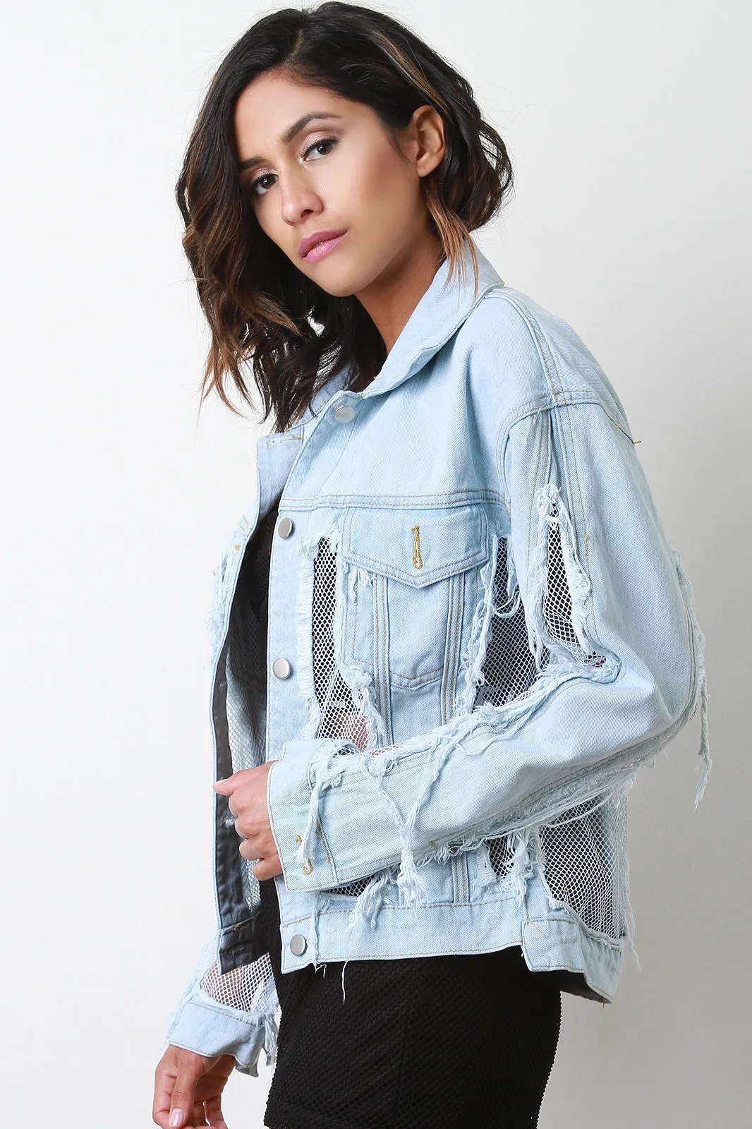 Fishnet Mesh Distressed Denim Jacket