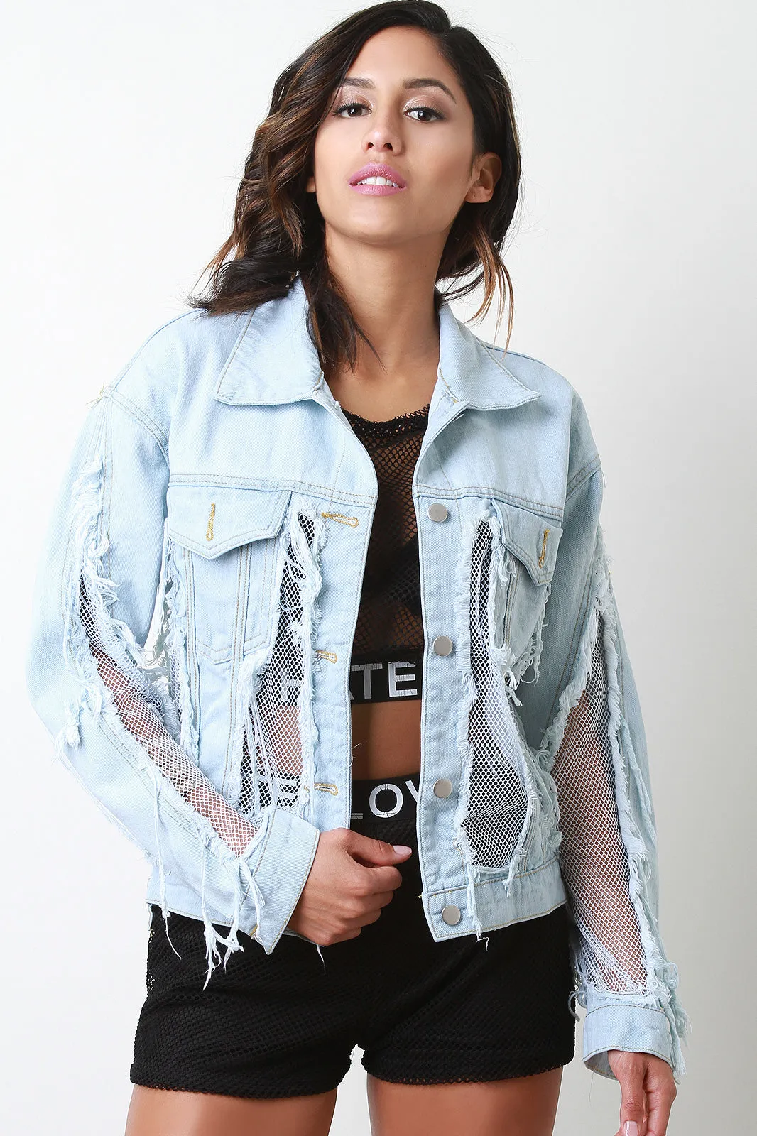 Fishnet Mesh Distressed Denim Jacket