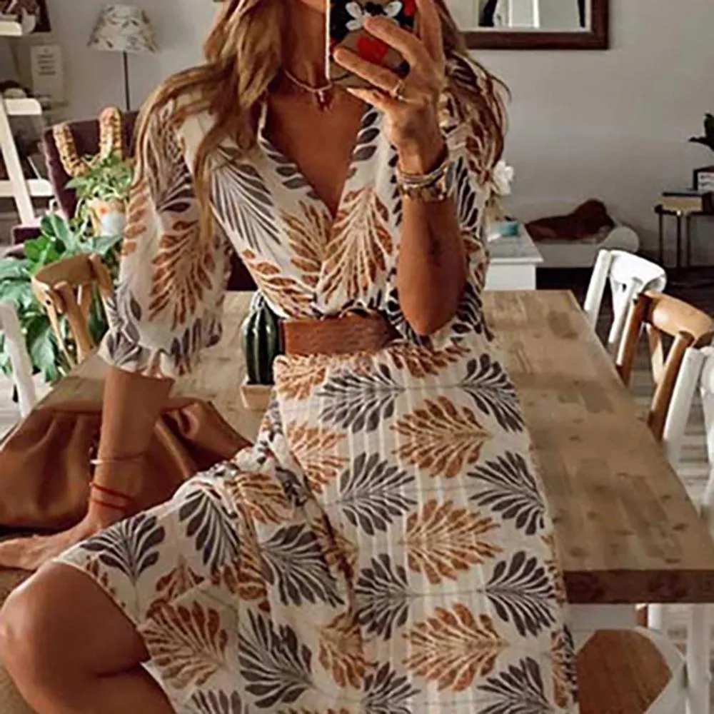 Flowy Leaf Dress With Belt