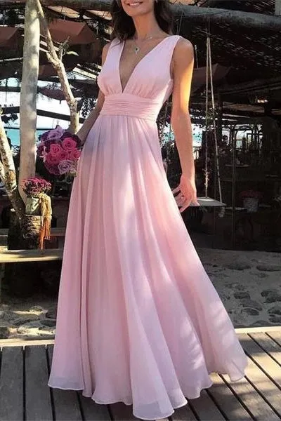 Flowy Pink Long V-neck Chiffon Prom Dress