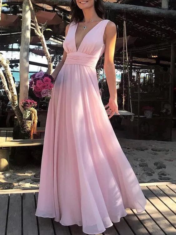 Flowy Pink Long V-neck Chiffon Prom Dress