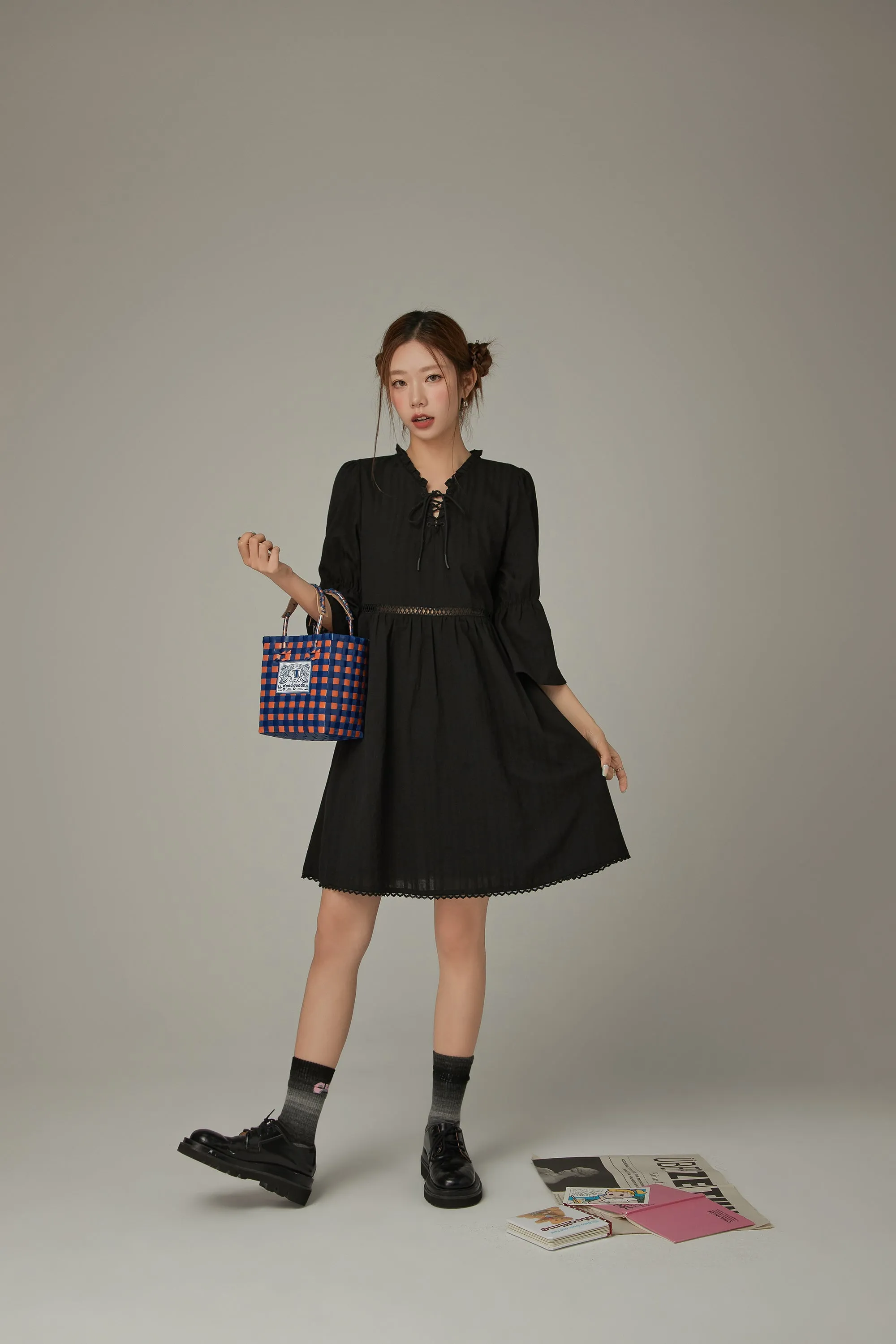 Frill Laceup Flowy Sleeve Dress