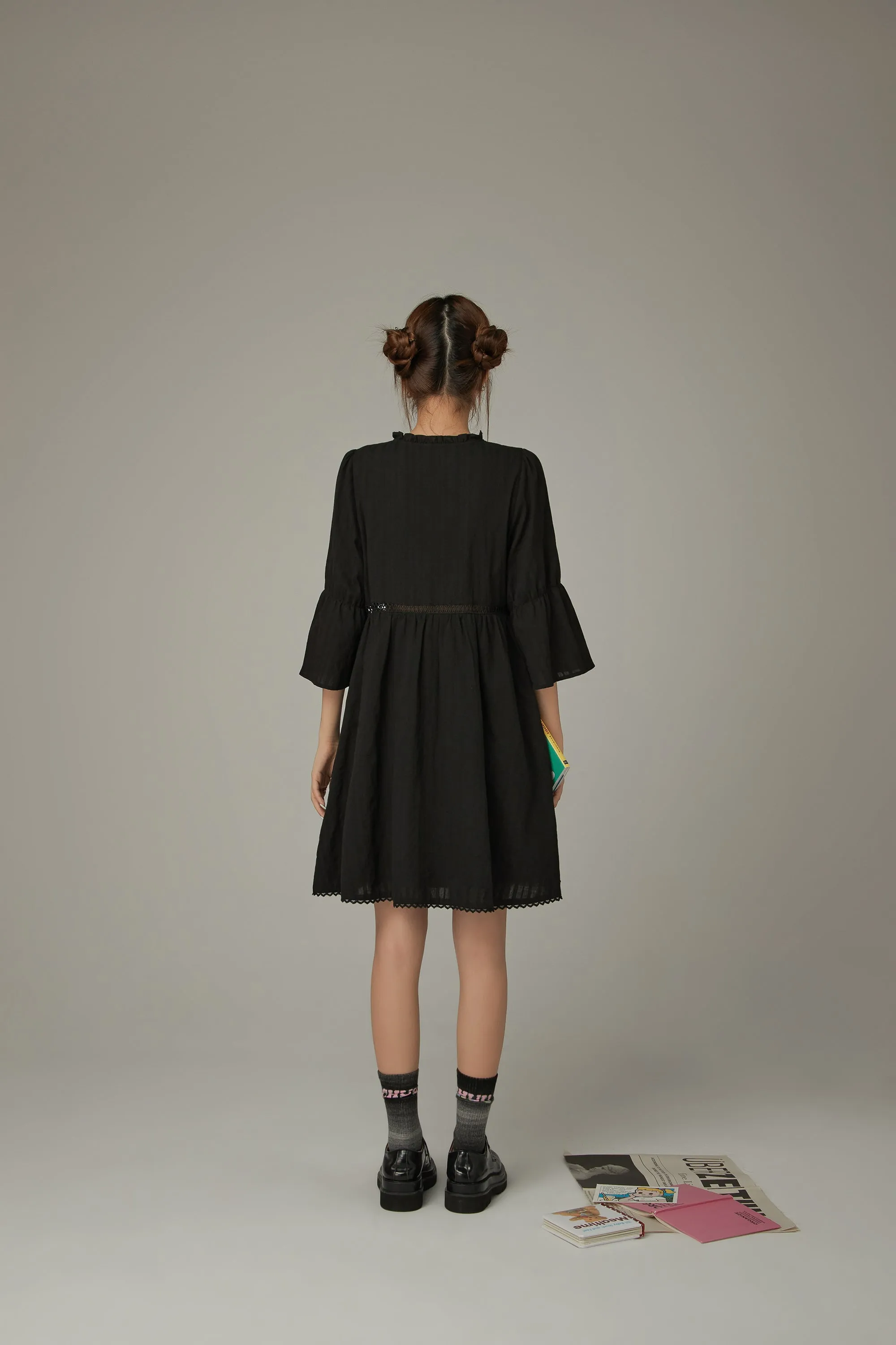 Frill Laceup Flowy Sleeve Dress