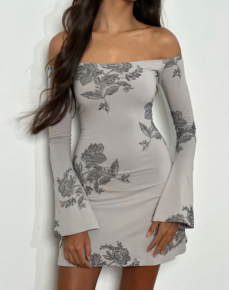 Kausar Off Shoulder Mini Dress in Lace Flower Grey