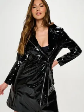 Latex Zip Up Coat - Black -