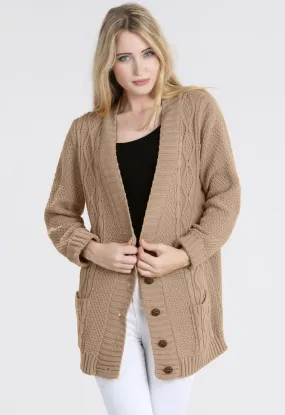 Mocha Chunky Cable Knit Pocket Cardigan