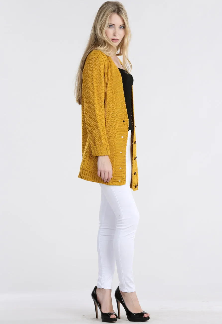 Mustard Chunky Cable Knit Pocket Cardigan