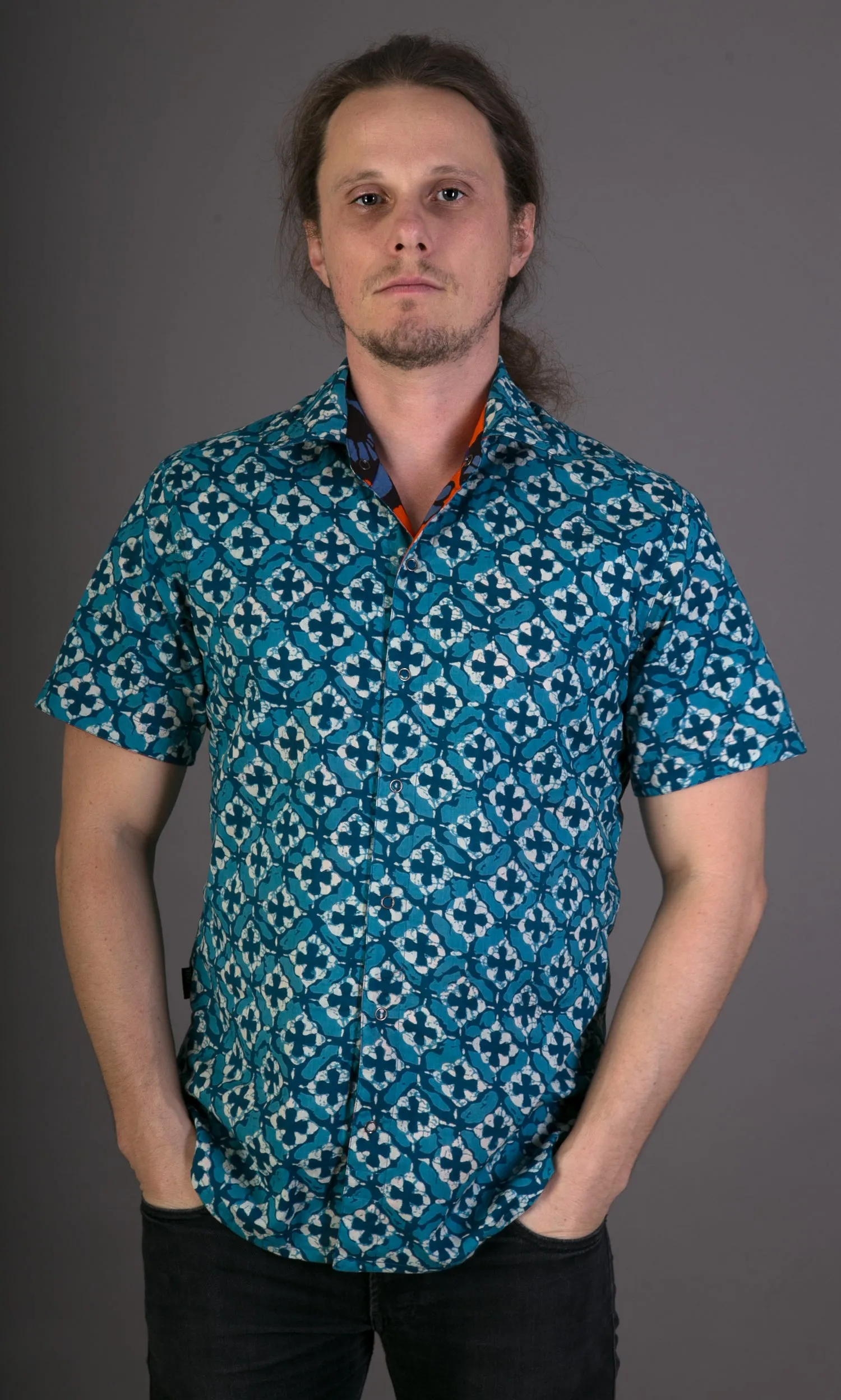 Orange Floral Blue Geometric Print Cotton Slim Fit Mens Shirt Short Sleeve