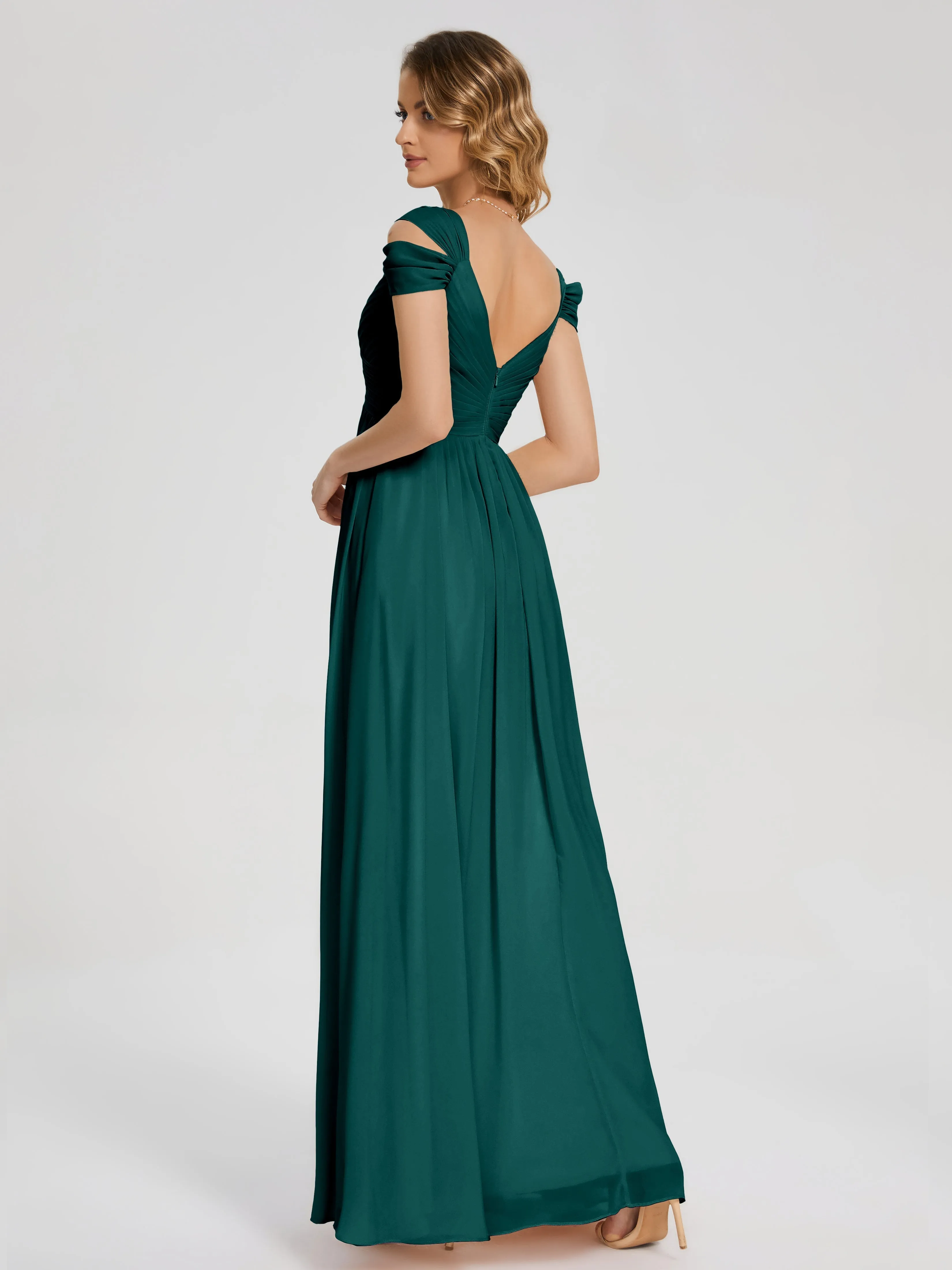 Peacock Blue Bridesmaids Charlee Flowy Split Chiffon Bridesmaid Dresses