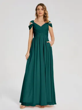 Peacock Blue Bridesmaids Charlee Flowy Split Chiffon Bridesmaid Dresses