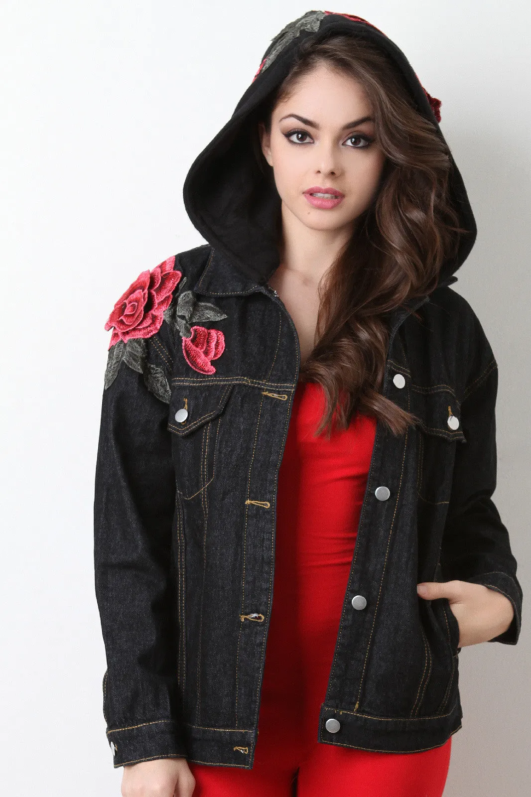 Rose Embroidery Hooded Denim Jacket