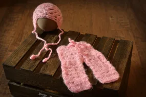 SET Mohair Pants and Bonnet with Knotted Ties - Pink