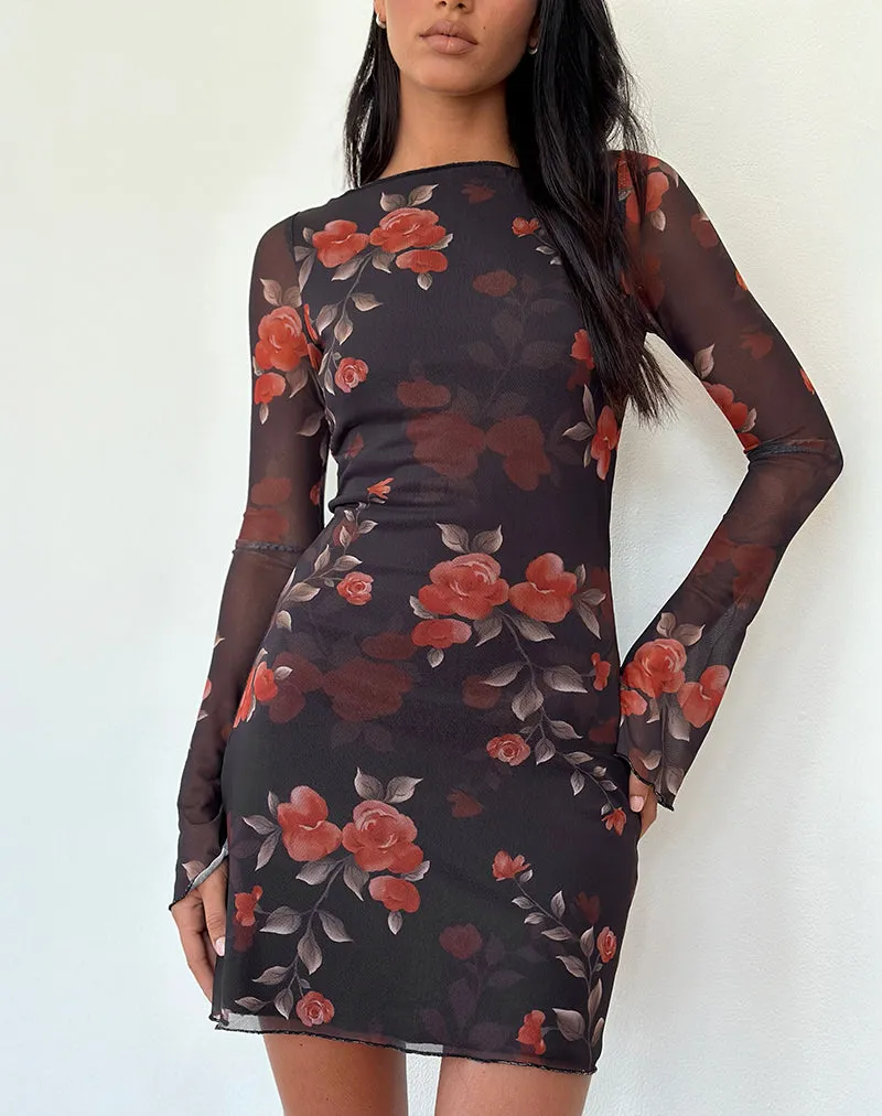 Sevila Long Sleeve Mini Dress in Black Watercolour Rose