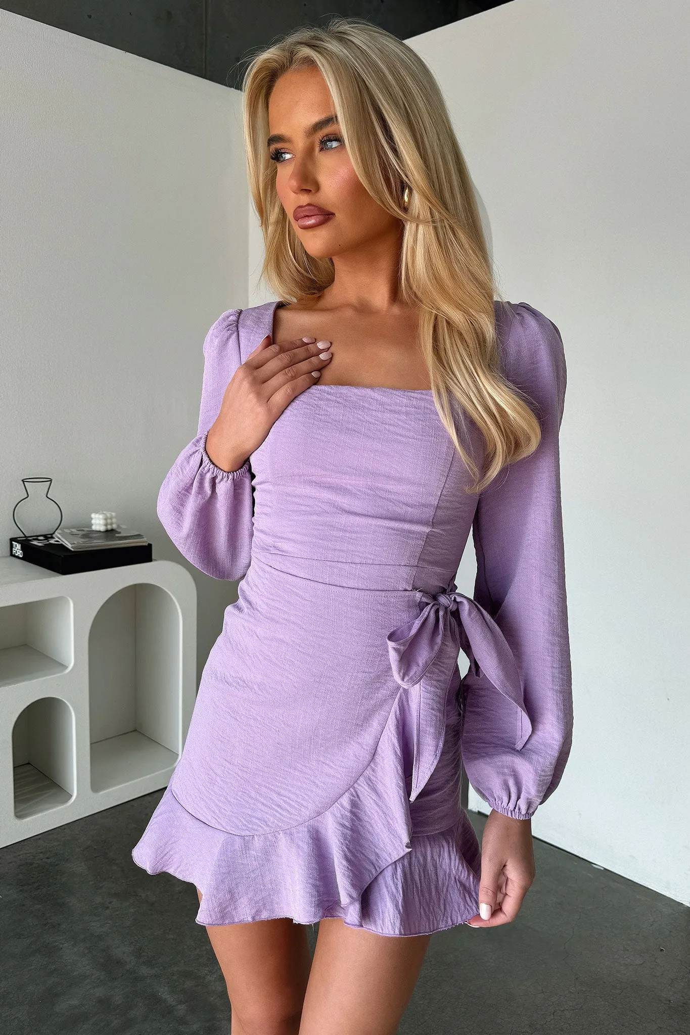 Silvana Long Sleeve Wrap Mini Dress - Lilac