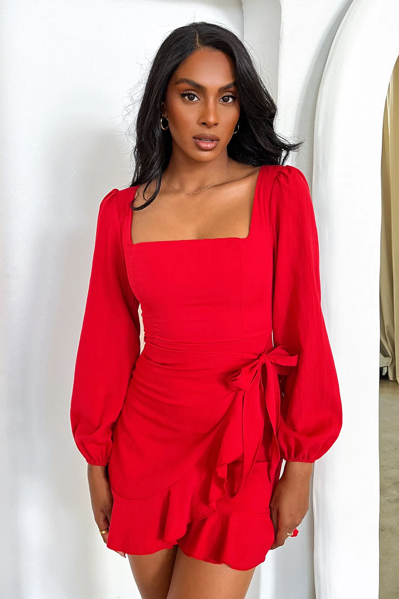 Silvana Long Sleeve Wrap Mini Dress - Red