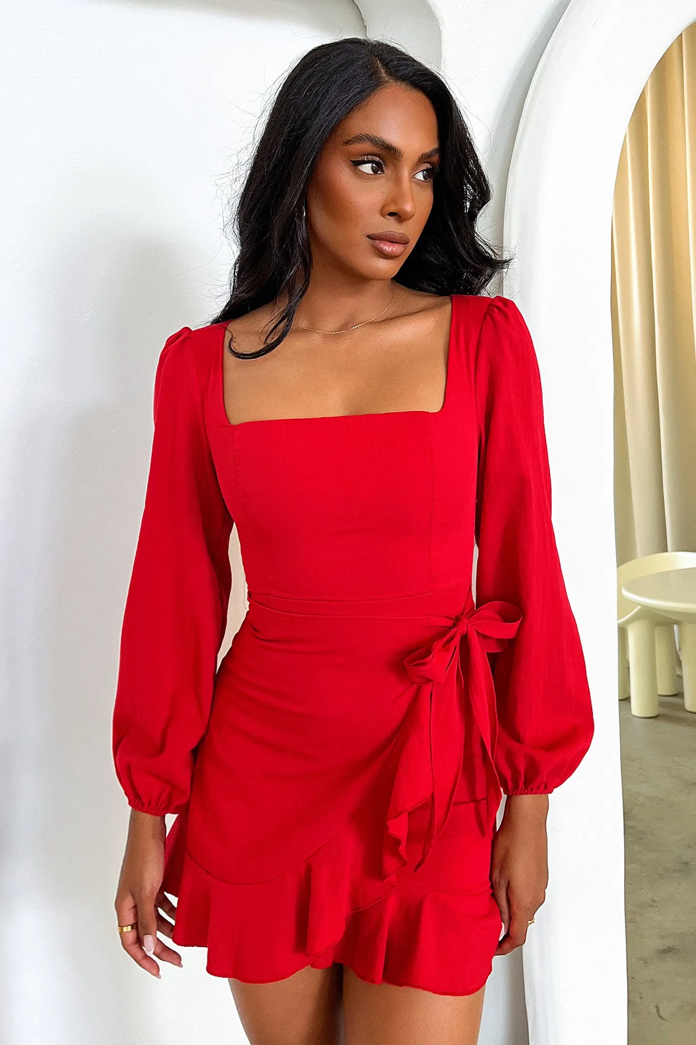 Silvana Long Sleeve Wrap Mini Dress - Red