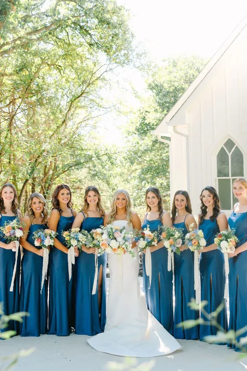 Simple Mermaid Spaghetti Straps Blue Long Bridesmaid Dresses