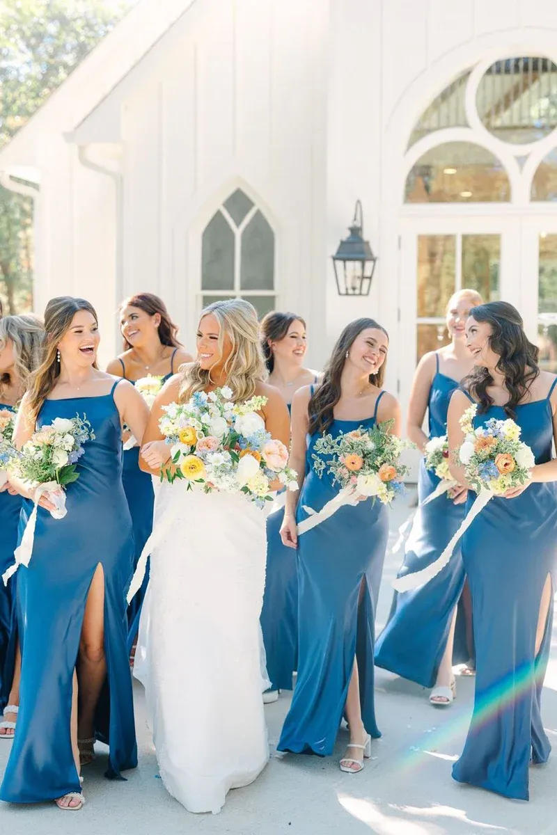 Simple Mermaid Spaghetti Straps Blue Long Bridesmaid Dresses