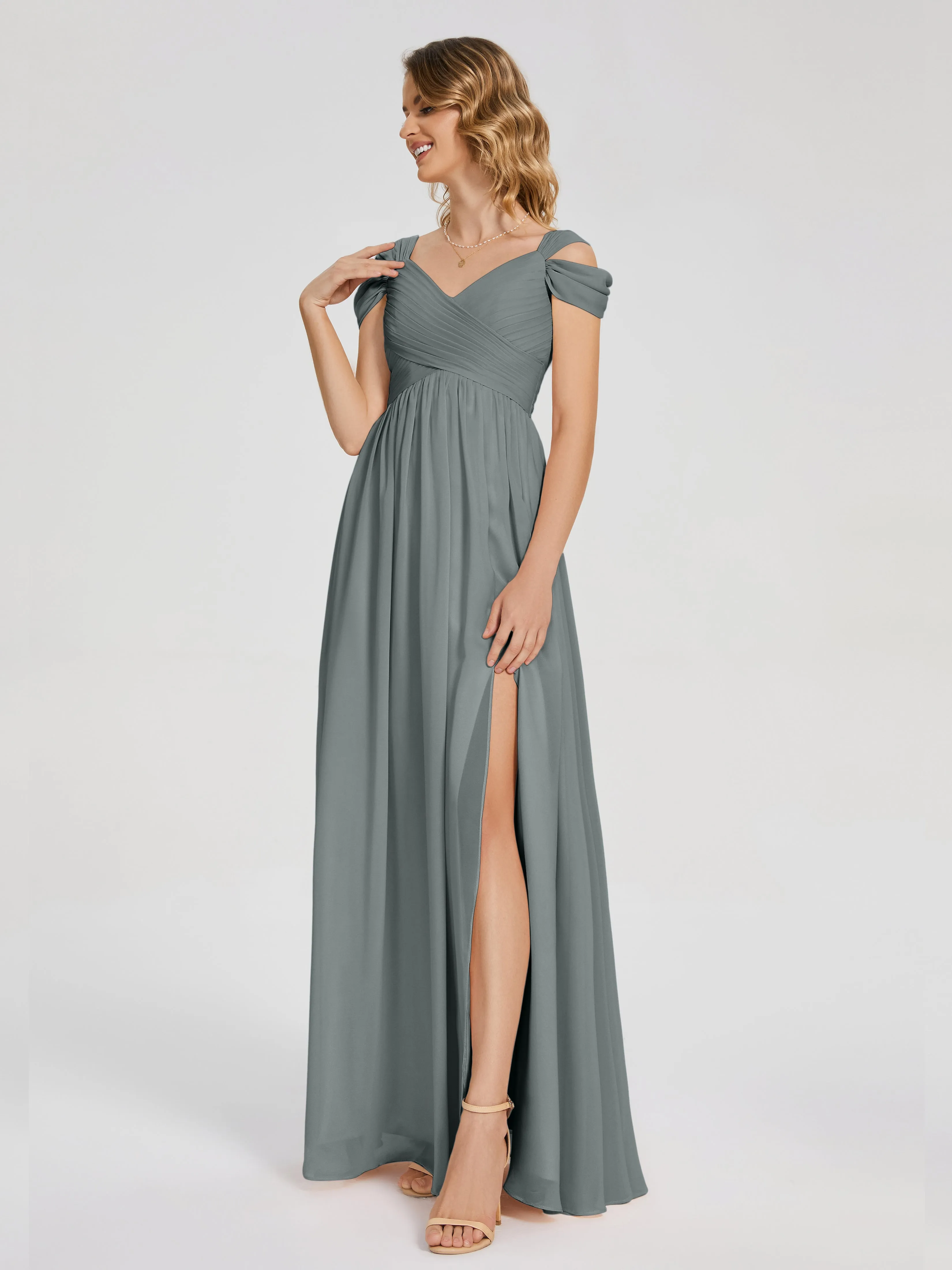 Steel Grey Bridesmaid Dresses Charlee Flowy Split Chiffon Bridesmaid Dresses