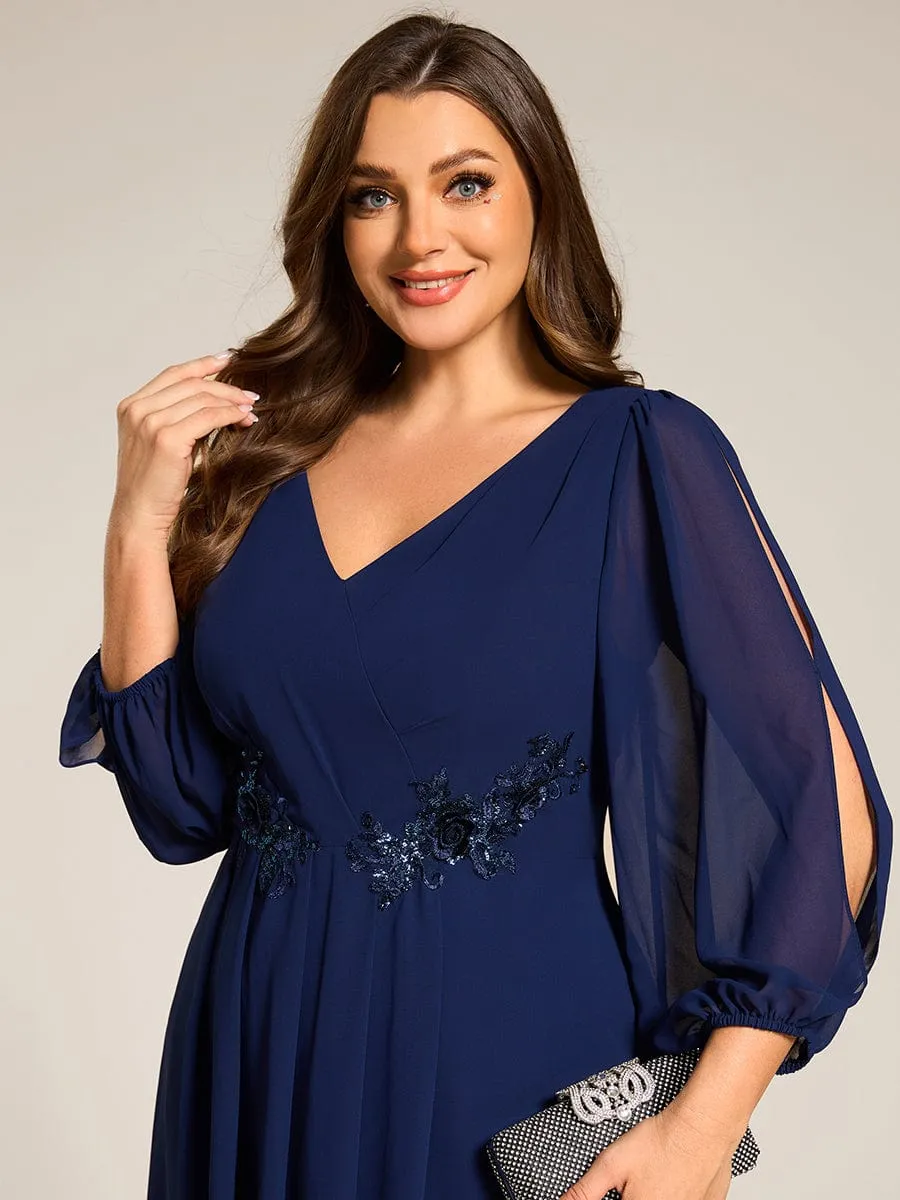 Warm Elise | Plus Size Flowy Long Sleeves V-Neck Waist Applique Midi Chiffon Wedding Guest Dress