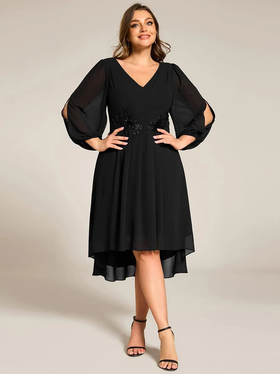 Warm Elise | Plus Size Flowy Long Sleeves V-Neck Waist Applique Midi Chiffon Wedding Guest Dress