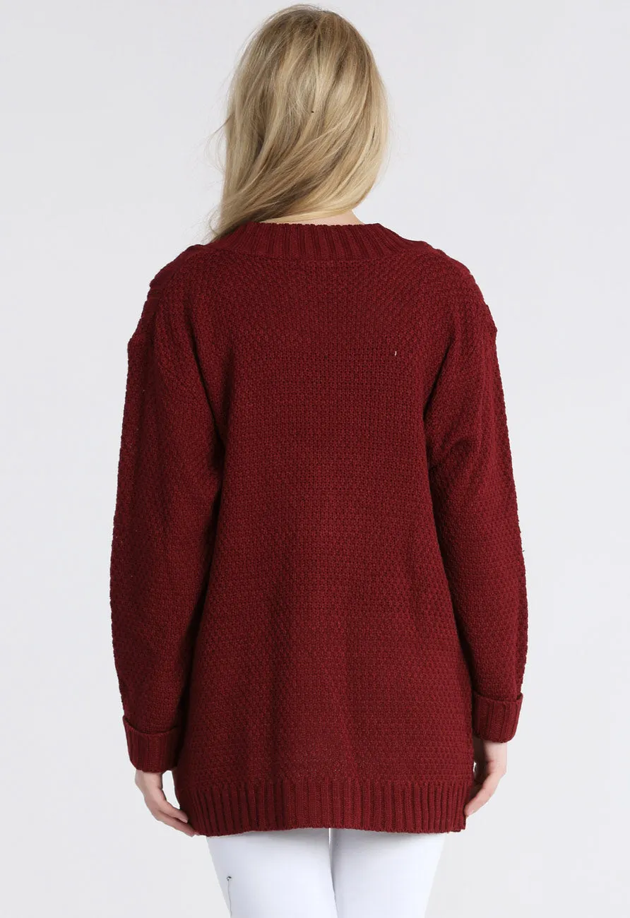 Wine Chunky Cable Knit Pocket Cardigan